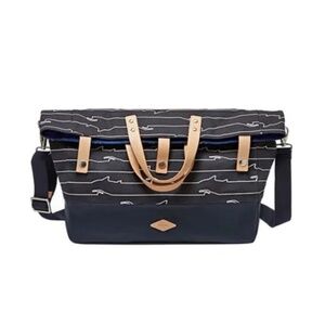 Fossil Navy Blue Print Gordon Large Foldover Tote Crossbody Beach Carryall Bag